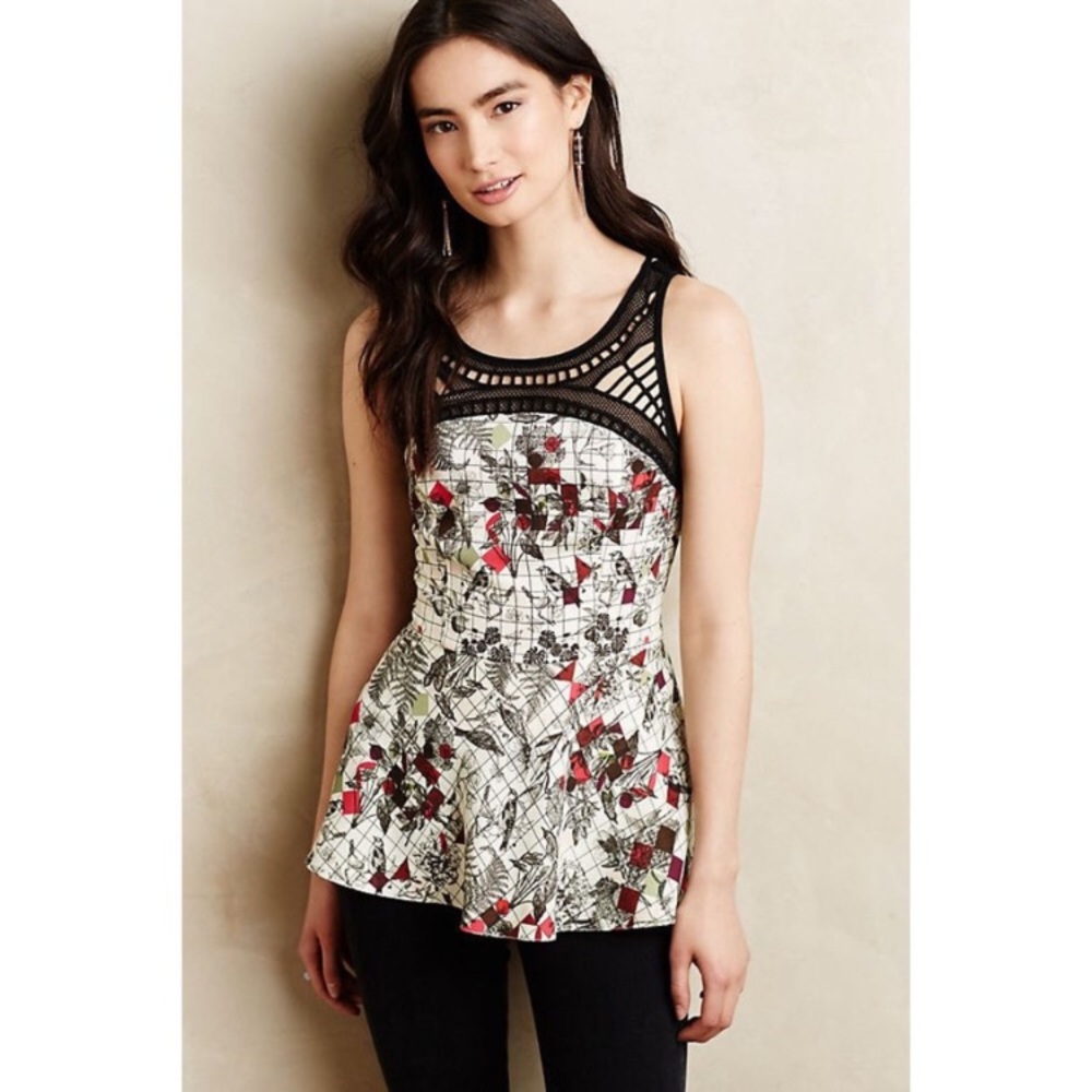 Ranna Gill “Dalia” bird print lace peplum top